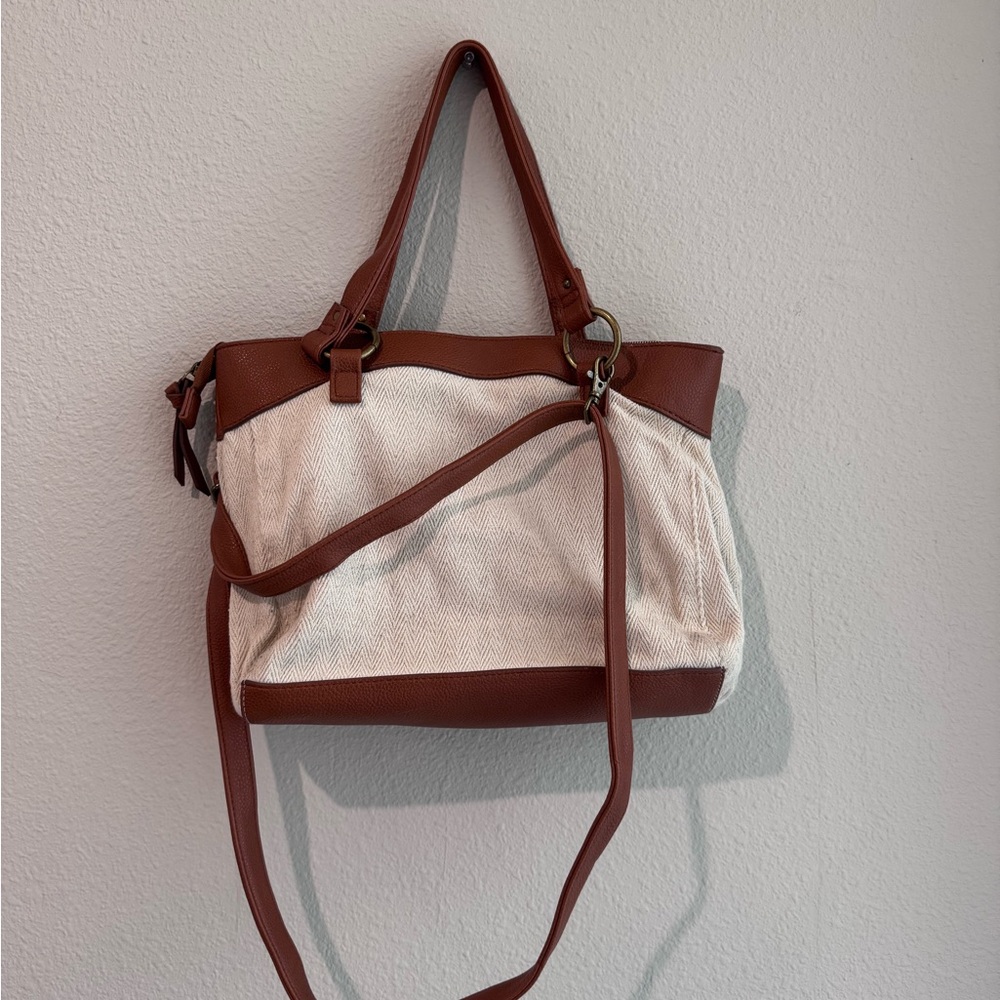 Boho Brown and Cream Shoulder Bag with Leather Accents and Lots of Storage - Picture 3 of 7